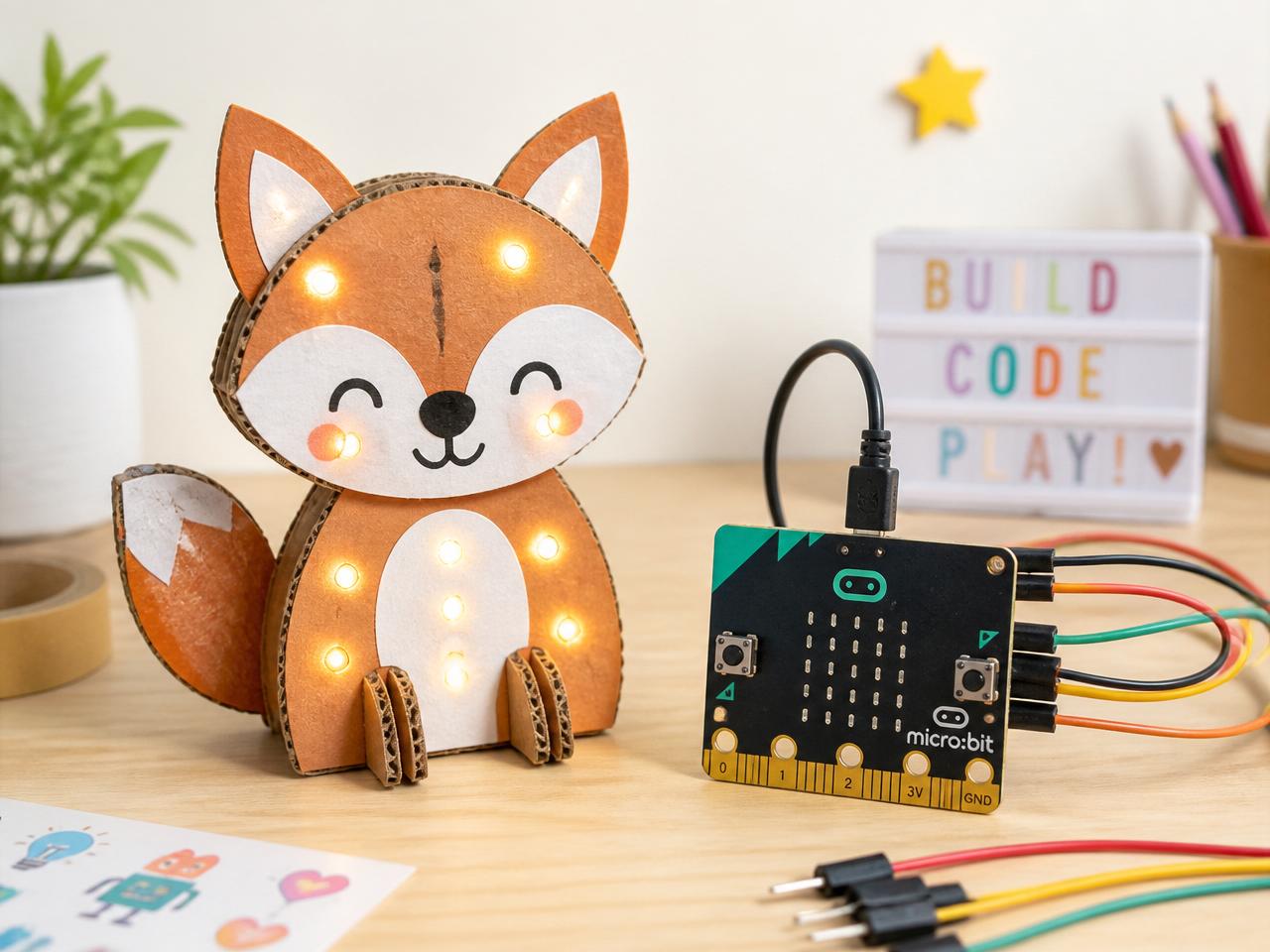 Un renard en carton qui brille avec des LED à côté d'un microcontrôleur micro:bit.