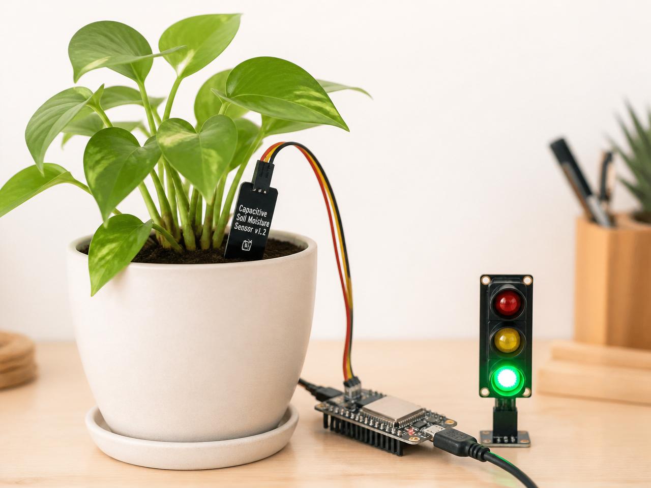 Une plante verte en pot avec un capteur d'humidité du sol relié à un microcontrôleur et un petit feu tricolore LED qui brille en vert.